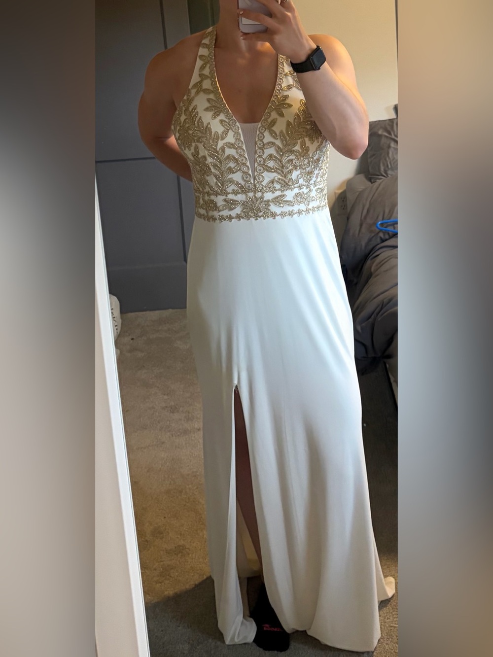Blondie Nites Cream Prom Dress with Gold Embroidered Bodice